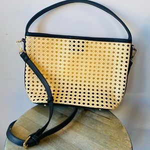 Vintage Handbag Straw Shoulder Bag with Faux Leather Straps Top Handle